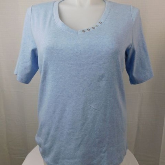 Karen Scott Blue V-neck Button Detail Short Sleeve - Picture 3 of 5